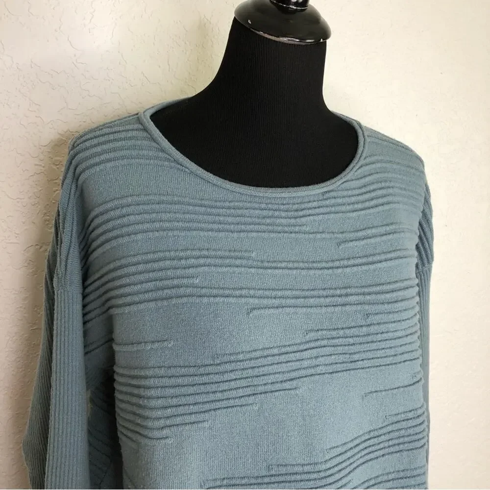 Lafayette 148 New York blue green ribbed wool cashmere blend sweater size Medium